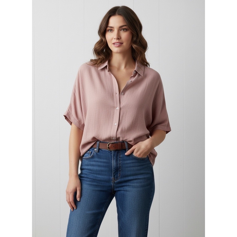 NWT La Miel by Hyped Unicorn Mauve Pink Gauze Button Down Short Sleeve Shirt L